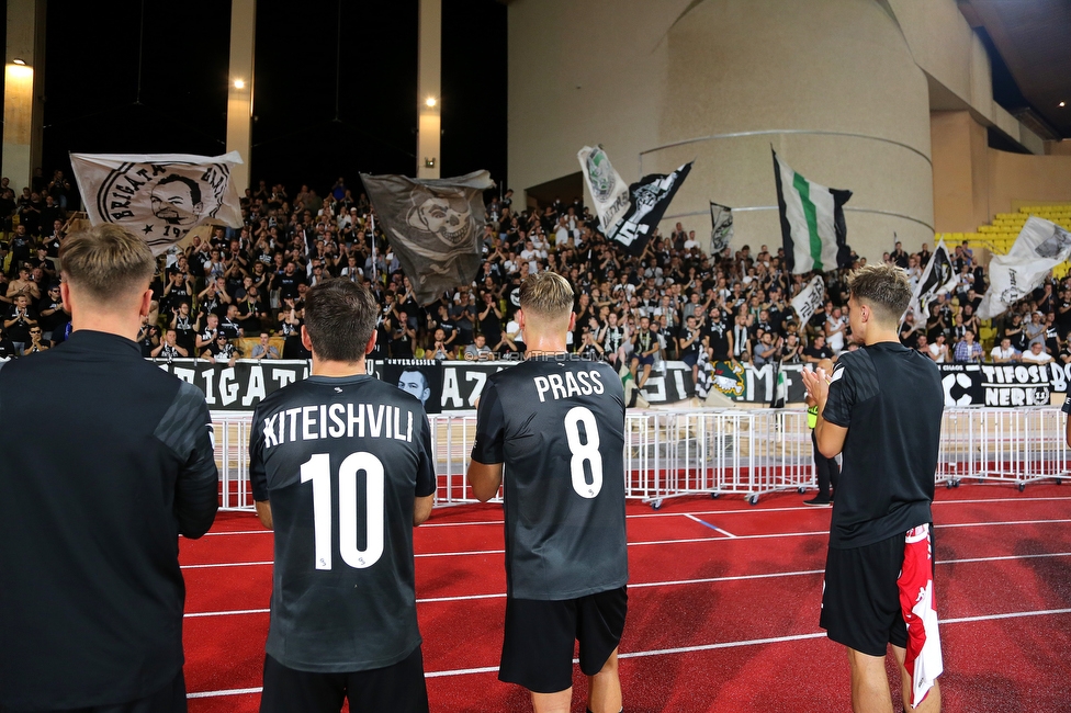 Monaco - Sturm Graz
UEFA Europa League Gruppenphase 1. Spieltag, AS Monaco - SK Sturm Graz, Stade Louis II, Monaco, 16.09.2021. 

Foto zeigt die Mannschaft von Sturm und Fans von Sturm
