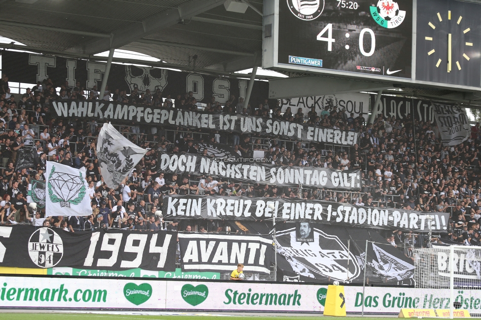 Sturm Graz - WSG Tirol
Oesterreichische Fussball Bundesliga, 8. Runde, SK Sturm Graz - WSG Tirol, Stadion Liebenau Graz, 19.09.2021. 

Foto zeigt Fans von Sturm mit einem Spruchband
Schlüsselwörter: wahl