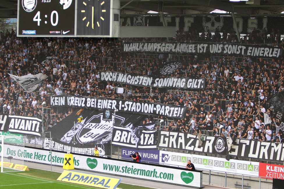 Sturm Graz - WSG Tirol
Oesterreichische Fussball Bundesliga, 8. Runde, SK Sturm Graz - WSG Tirol, Stadion Liebenau Graz, 19.09.2021. 

Foto zeigt Fans von Sturm mit einem Spruchband
Schlüsselwörter: wahl