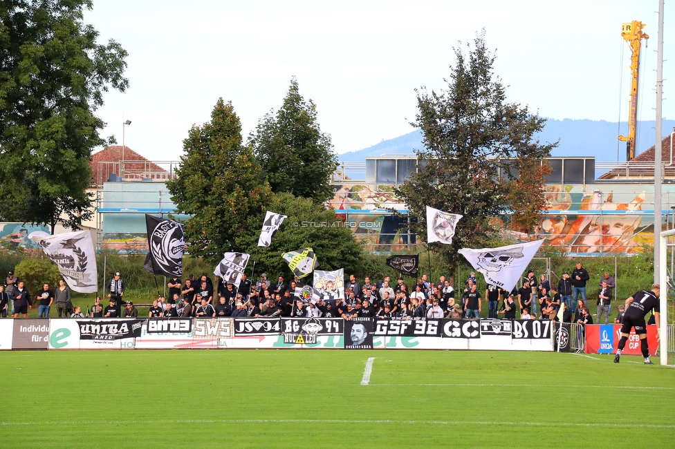 Hohenems - Sturm Graz
OEFB Cup, 2. Runde, VfB Hohenems - SK Sturm Graz, Herrenriedstadion Hohenems, 22.09.2021. 

Foto zeigt Fans von Sturm
