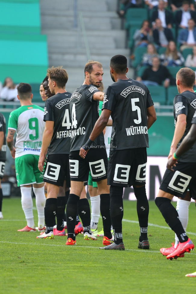 Rapid Wien - Sturm Graz
Oesterreichische Fussball Bundesliga, 9. Runde, SK Rapid Wien - SK Sturm Graz, Weststadion Wien, 26.09.2021. 

Foto zeigt David Affengruber (Sturm), Jon Gorenc-Stankovic (Sturm), Gregory Wuethrich (Sturm) und Gregory Wuethrich (Sturm)
