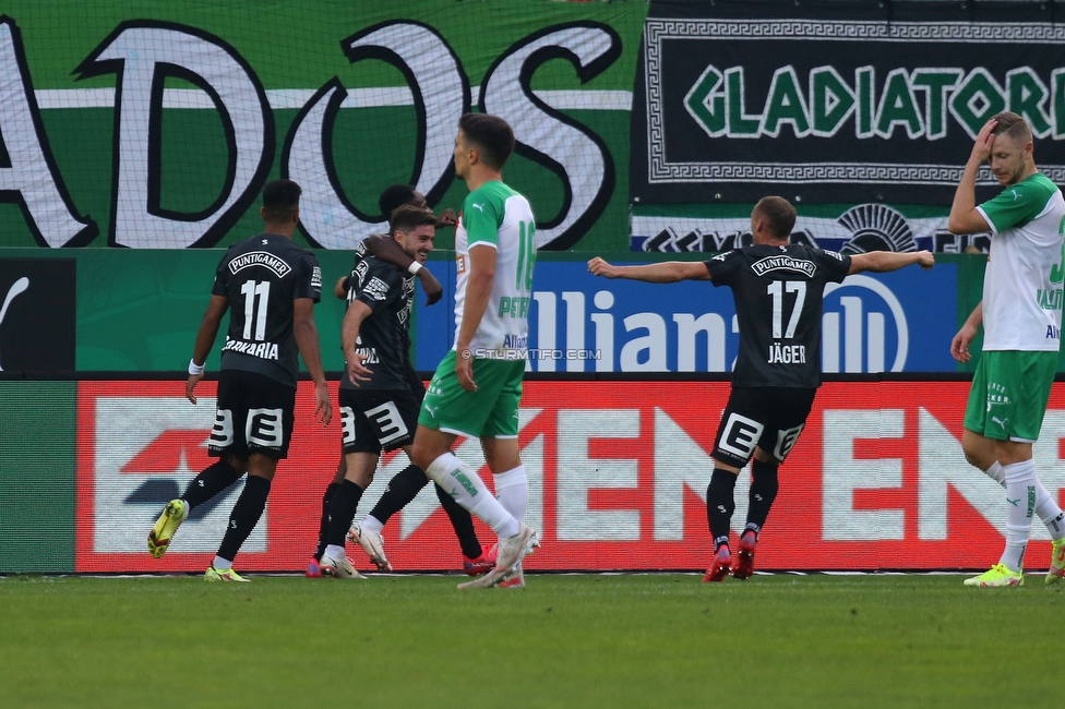 Rapid Wien - Sturm Graz
Oesterreichische Fussball Bundesliga, 9. Runde, SK Rapid Wien - SK Sturm Graz, Weststadion Wien, 26.09.2021. 

Foto zeigt Otar Kiteishvili (Sturm), Manprit Sarkaria (Sturm), Kelvin Yeboah (Sturm) und Lukas Jaeger (Sturm)
Schlüsselwörter: torjubel