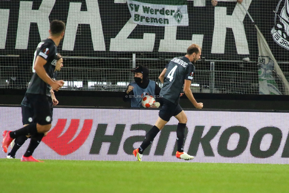 Sturm Graz - Eindhoven
UEFA Europa League Gruppenphase 2. Spieltag, SK Sturm Graz - PSV Eindhoven, Stadion Liebenau, Graz, 30.09.2021. 

Foto zeigt Jon Gorenc-Stankovic (Sturm)
Schlüsselwörter: torjubel