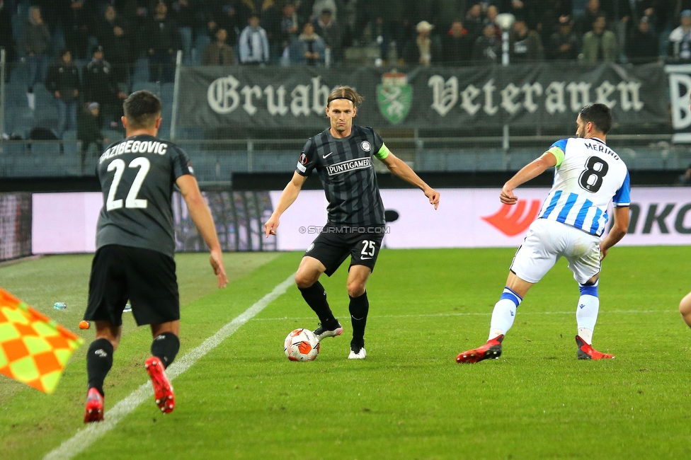 Sturm Graz - Real Sociedad
UEFA Europa League Gruppenphase 3. Spieltag, SK Sturm Graz - Real Sociedad, Stadion Liebenau, Graz, 21.10.2021. 

Foto zeigt Jusuf Gazibegovic (Sturm) und Stefan Hierlaender (Sturm)
