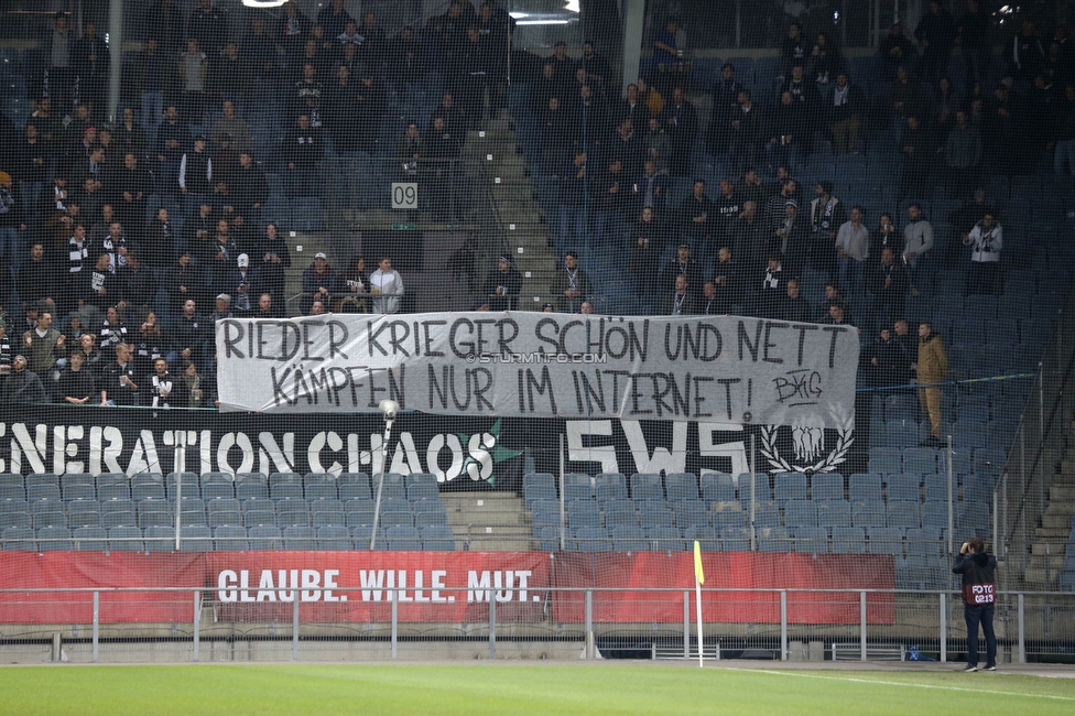 Sturm Graz - Ried
OEFB Cup, 3. Runde, SK Sturm Graz - SV Ried, Stadion Liebenau Graz, 27.10.2021. 

Foto zeigt Fans von Sturm mit einem Spruchband
