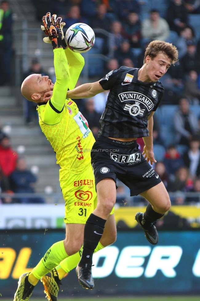 Sturm Graz - Wolfsberg
Oesterreichische Fussball Bundesliga, 13. Runde, SK Sturm Graz - Wolfsberger AC, Stadion Liebenau Graz, 31.10.2021. 

Foto zeigt Alexander Kofler (Wolfsberg) und David Affengruber (Sturm)
