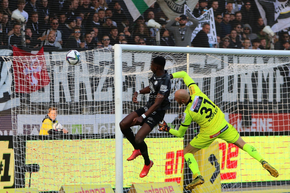 Sturm Graz - Wolfsberg
Oesterreichische Fussball Bundesliga, 13. Runde, SK Sturm Graz - Wolfsberger AC, Stadion Liebenau Graz, 31.10.2021. 

Foto zeigt Kelvin Yeboah (Sturm) und Alexander Kofler (Wolfsberg)
