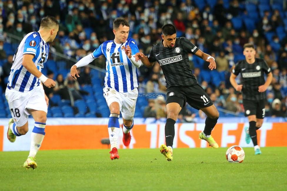 Real Sociedad - Sturm Graz
UEFA Europa League Gruppenphase 4. Spieltag, Real Sociedad - SK Sturm Graz, Reale Arena San Sebastian, 04.11.2021. 

Foto zeigt Manprit Sarkaria (Sturm)
