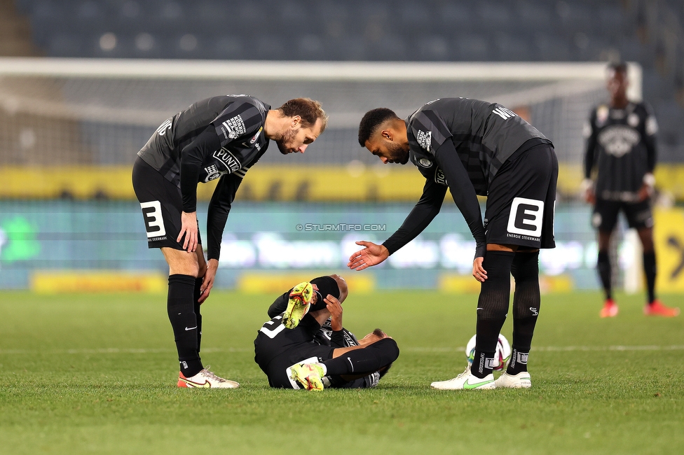 Sturm Graz - Admira Wacker
Oesterreichische Fussball Bundesliga, 17. Runde, SK Sturm Graz - FC Admira Wacker, Stadion Liebenau Graz, 04.12.2021. 

Foto zeigt Jon Gorenc-Stankovic (Sturm) und Gregory Wuethrich (Sturm)
