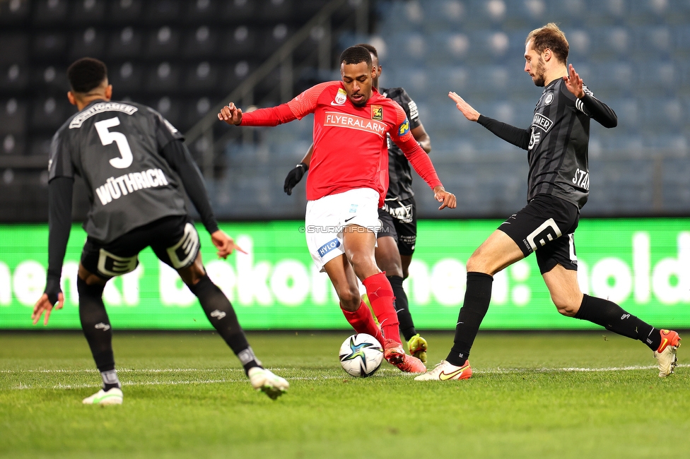 Sturm Graz - Admira Wacker
Oesterreichische Fussball Bundesliga, 17. Runde, SK Sturm Graz - FC Admira Wacker, Stadion Liebenau Graz, 04.12.2021. 

Foto zeigt Gregory Wuethrich (Sturm) und Jon Gorenc-Stankovic (Sturm)
