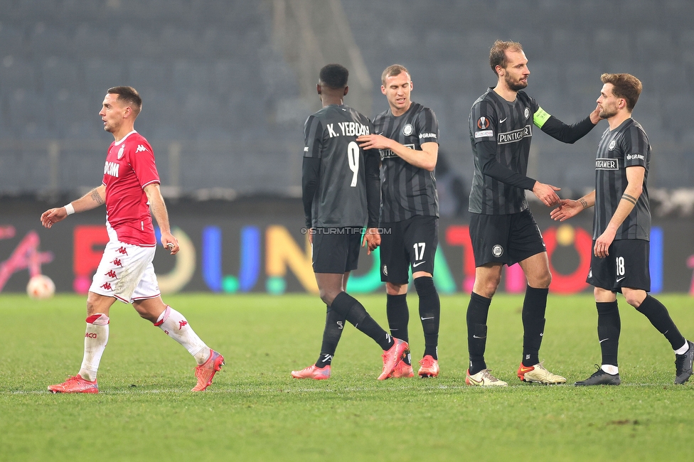 Sturm Graz - Monaco
UEFA Europa League Gruppenphase 6. Spieltag, SK Sturm Graz - AS Monaco, Stadion Liebenau Graz, 09.12.2021. 

Foto zeigt Kelvin Yeboah (Sturm), Lukas Jaeger (Sturm)m Jon Gorenc-Stankovic (Sturm) und Philipp Huspek (Sturm)
