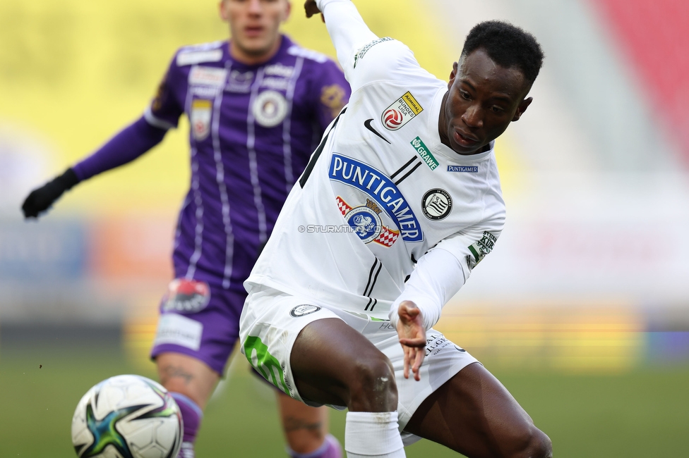 Austria Klagenfurt - Sturm Graz
Oesterreichische Fussball Bundesliga, 18. Runde, SK Austria Klagenfurt - SK Sturm Graz, Woerthersee Stadion Klagenfurt, 12.12.2021. 

Foto zeigt Kelvin Yeboah (Sturm)
