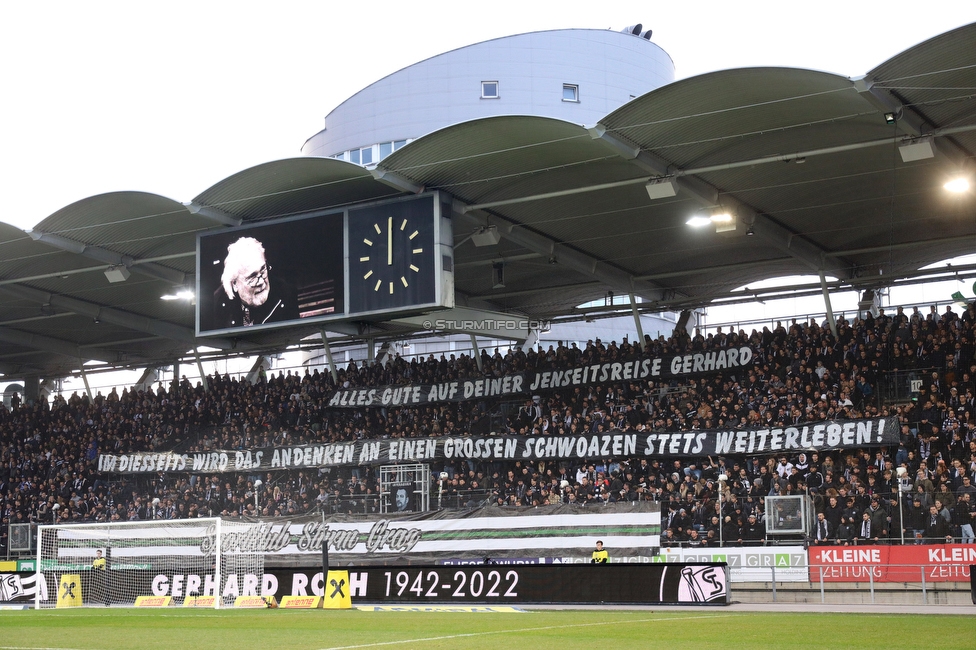 Sturm Graz - Rapid Wien
Oesterreichische Fussball Bundesliga, 20. Runde, SK Sturm Graz - SK Rapid Wien, Stadion Liebenau Graz, 20.02.2022. 

Foto zeigt Fans von Sturm mit einem Spruchband fuer Gerhard Roth
Schlüsselwörter: todesfall