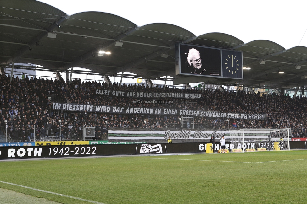 Sturm Graz - Rapid Wien
Oesterreichische Fussball Bundesliga, 20. Runde, SK Sturm Graz - SK Rapid Wien, Stadion Liebenau Graz, 20.02.2022. 

Foto zeigt Fans von Sturm mit einem Spruchband fuer Gerhard Roth
