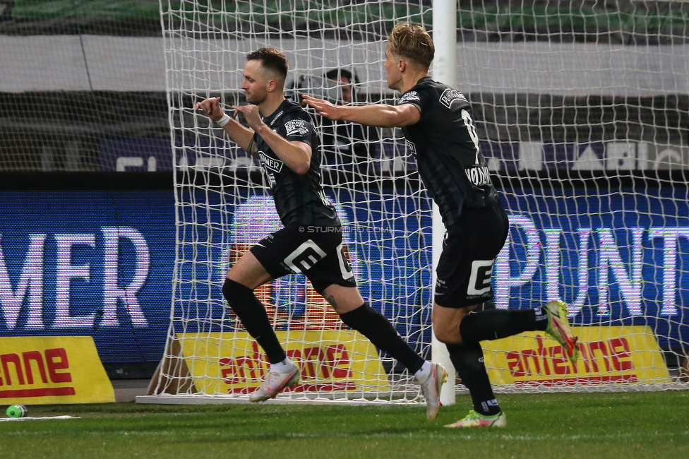 Sturm Graz - Rapid Wien
Oesterreichische Fussball Bundesliga, 20. Runde, SK Sturm Graz - SK Rapid Wien, Stadion Liebenau Graz, 20.02.2022. 

Foto zeigt Jakob Jantscher (Sturm) und Rasmus Hoejlund (Sturm)
Schlüsselwörter: torjubel