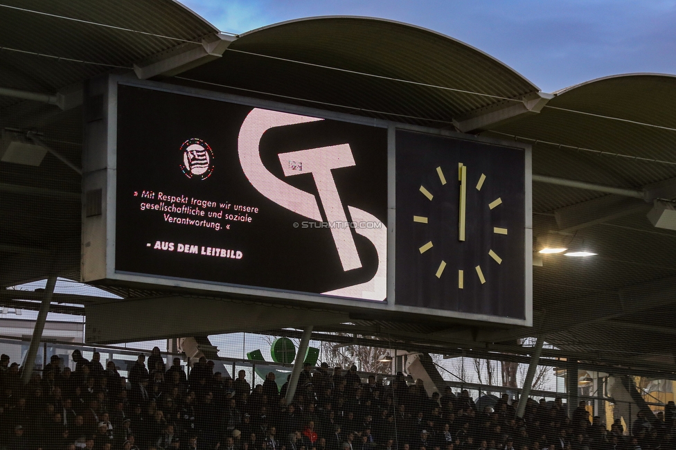 Sturm Graz - Hartberg
Oesterreichische Fussball Bundesliga, 21. Runde, SK Sturm Graz - TSV Hartberg, Stadion Liebenau Graz, 27.02.2022. 

Foto zeigt die Anzeigetafel bei einer Gedenkminute fuer die Ukraine
