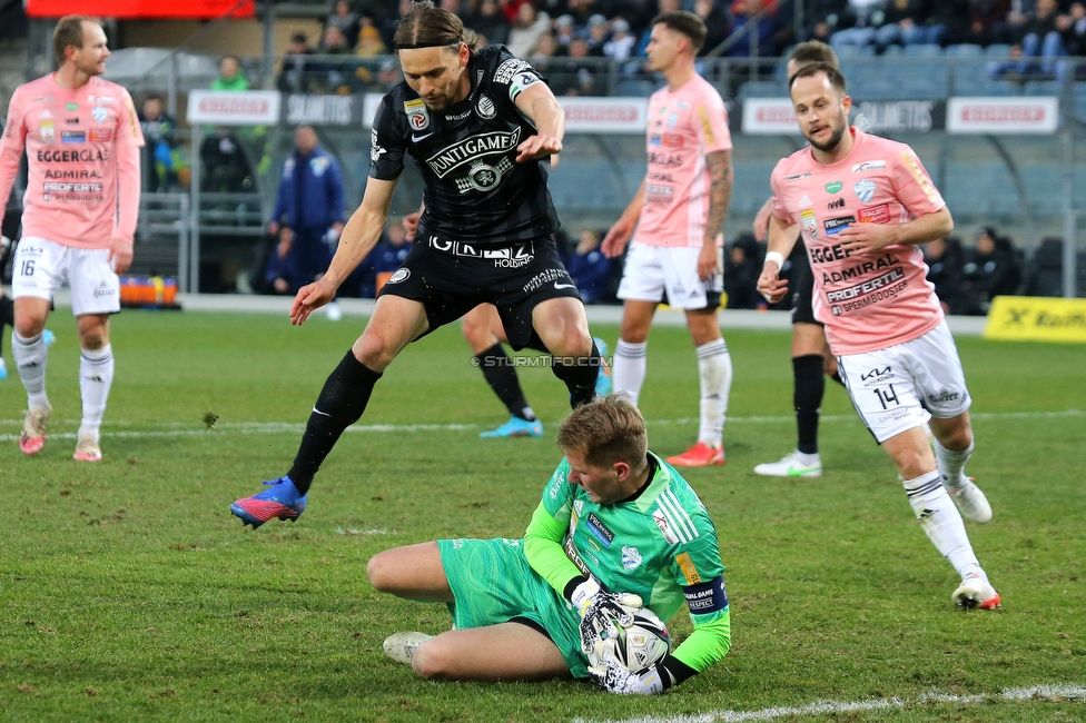 Sturm Graz - Hartberg
Oesterreichische Fussball Bundesliga, 21. Runde, SK Sturm Graz - TSV Hartberg, Stadion Liebenau Graz, 27.02.2022. 

Foto zeigt Stefan Hierlaender (Sturm) und Rene Swete (Hartberg)
