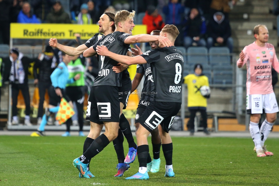 Sturm Graz - Hartberg
Oesterreichische Fussball Bundesliga, 21. Runde, SK Sturm Graz - TSV Hartberg, Stadion Liebenau Graz, 27.02.2022. 

Foto zeigt Stefan Hierlaender (Sturm), Rasmus Hoejlund (Sturm) und Alexander Prass (Sturm)
Schlüsselwörter: torjubel