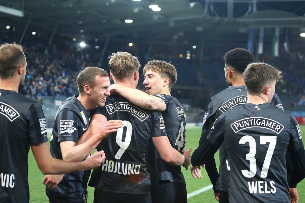 Sturm Graz - Hartberg
Oesterreichische Fussball Bundesliga, 21. Runde, SK Sturm Graz - TSV Hartberg, Stadion Liebenau Graz, 27.02.2022. 

Foto zeigt Lukas Jaeger (Sturm), Rasmus Hoejlund (Sturm), David Affengruber (Sturm) und Moritz Wels (Sturm)
Schlüsselwörter: torjubel