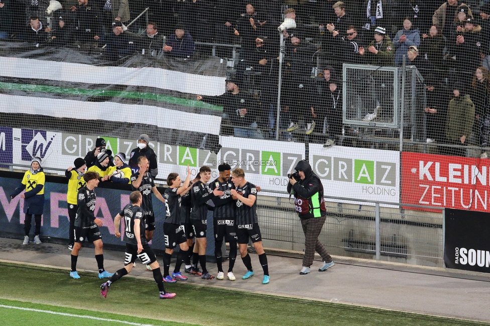 Sturm Graz - Hartberg
Oesterreichische Fussball Bundesliga, 21. Runde, SK Sturm Graz - TSV Hartberg, Stadion Liebenau Graz, 27.02.2022. 

Foto zeigt Gregory Wuethrich (Sturm) und Rasmus Hoejlund (Sturm)
