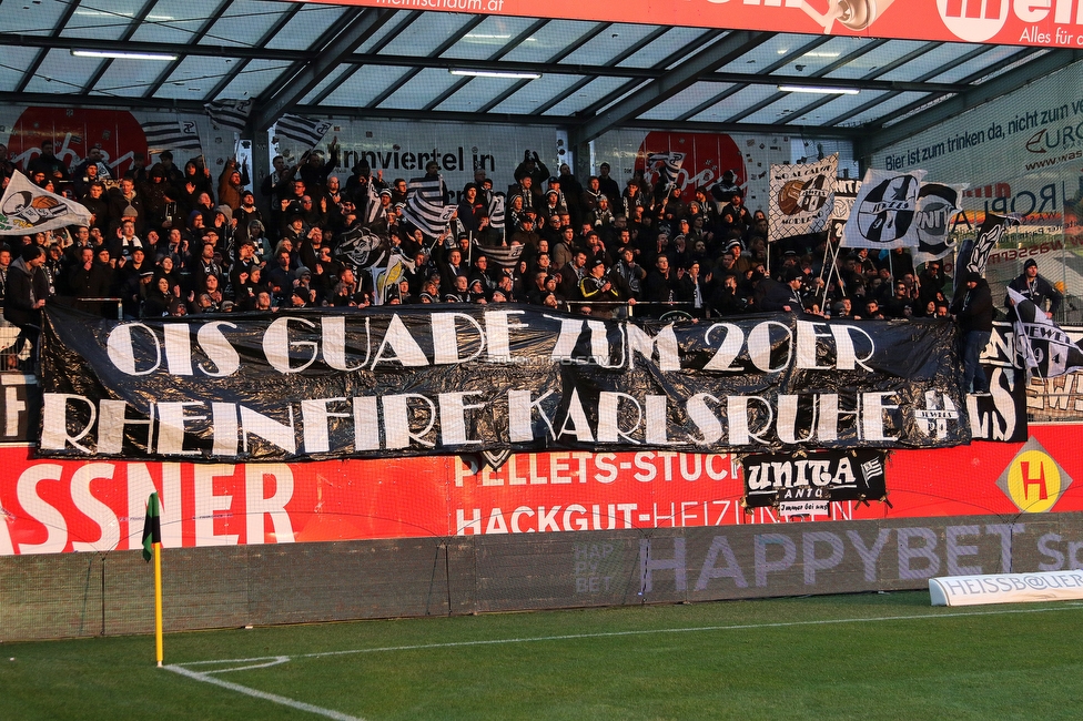 Ried - Sturm Graz
Oesterreichische Fussball Bundesliga, 22. Runde, SV Ried - SK Sturm Graz, Arena Ried, 06.03.2022. 

Foto zeigt Fans von Sturm mit einem Spruchband
Schlüsselwörter: jewels karlsruhe