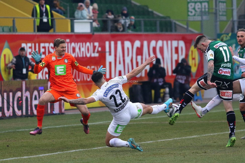 Ried - Sturm Graz
Oesterreichische Fussball Bundesliga, 22. Runde, SV Ried - SK Sturm Graz, Arena Ried, 06.03.2022. 

Foto zeigt Joerg Siebenhandl (Sturm), Jusuf Gazibegovic (Sturm) und Philipp Pomer (Ried)
