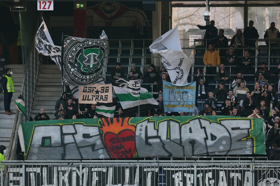 RB Salzburg - Sturm Graz
Oesterreichische Fussball Bundesliga, 23. Runde, FC RB Salzburg - SK Sturm Graz, Arena Wals-Siezenheim, 13.03.2022. 

Foto zeigt Fans von Sturm mit einem Spruchband
Schlüsselwörter: werder