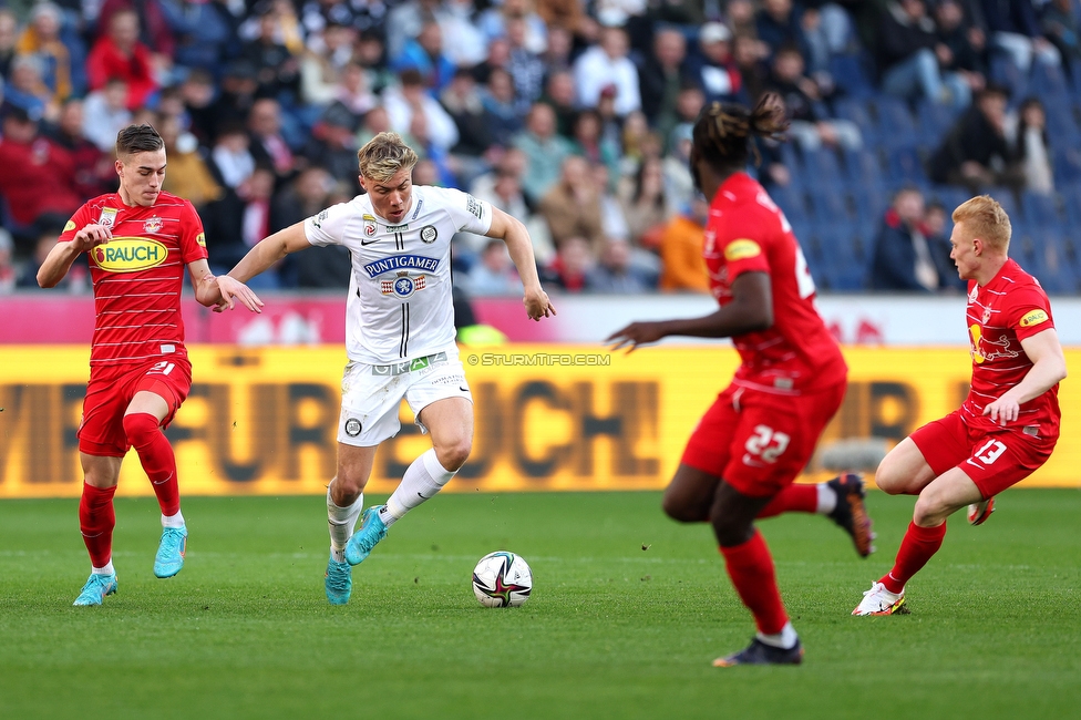 RB Salzburg - Sturm Graz
Oesterreichische Fussball Bundesliga, 23. Runde, FC RB Salzburg - SK Sturm Graz, Arena Wals-Siezenheim, 13.03.2022. 

Foto zeigt Luka Sucic (Salzburg), Rasmus Hoejlund (Sturm), Oumar Solet Bomawoko (Salzburg) und Nicolas Seiwald
