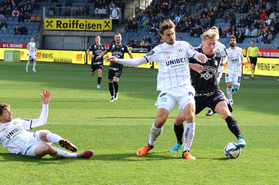 Sturm Graz - Klagenfurt
Oesterreichische Fussball Bundesliga, 24. Runde, SK Sturm Graz - SK Austria Klagenfurt, Stadion Liebenau Graz, 20.03.2022. 

Foto zeigt Rasmus Hoejlund (Sturm)
