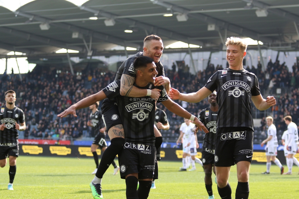 Sturm Graz - Klagenfurt
Oesterreichische Fussball Bundesliga, 24. Runde, SK Sturm Graz - SK Austria Klagenfurt, Stadion Liebenau Graz, 20.03.2022. 

Foto zeigt Jakob Jantscher (Sturm), Manprit Sarkaria (Sturm) und Rasmus Hoejlund (Sturm)
Schlüsselwörter: torjubel