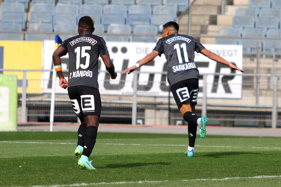 Sturm Graz - Klagenfurt
Oesterreichische Fussball Bundesliga, 24. Runde, SK Sturm Graz - SK Austria Klagenfurt, Stadion Liebenau Graz, 20.03.2022. 

Foto zeigt Anderson Niangbo (Sturm) und Manprit Sarkaria (Sturm)
Schlüsselwörter: torjubel