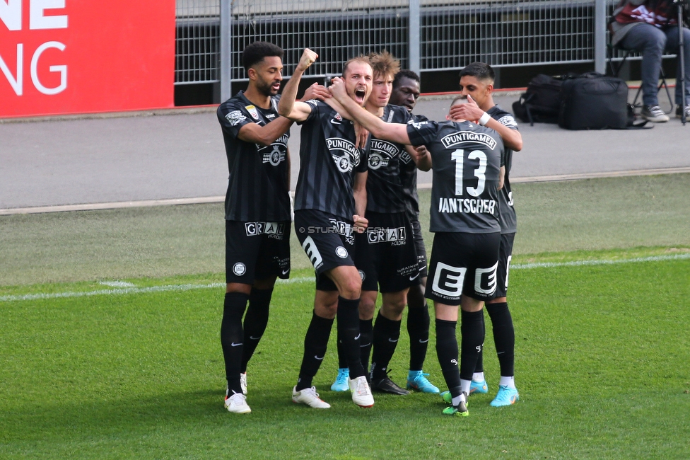 Sturm Graz - Klagenfurt
Oesterreichische Fussball Bundesliga, 24. Runde, SK Sturm Graz - SK Austria Klagenfurt, Stadion Liebenau Graz, 20.03.2022. 

Foto zeigt Gregory Wuethrich (Sturm), Jon Gorenc-Stankovic (Sturm), David Affengruber (Sturm) und Jakob Jantscher (Sturm)
Schlüsselwörter: torjubel