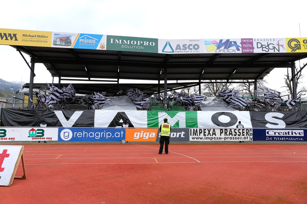 Wolfsberg - Sturm Graz
Oesterreichische Fussball Bundesliga, 25 Runde, Wolfsberger AC - SK Sturm Graz, Lavanttal Arena Wolfsberg, 03.04.2022. 

Foto zeigt Fans von Sturm mit einer Choreografie
