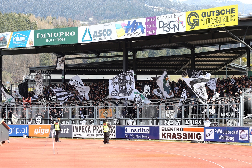 Wolfsberg - Sturm Graz
Oesterreichische Fussball Bundesliga, 25 Runde, Wolfsberger AC - SK Sturm Graz, Lavanttal Arena Wolfsberg, 03.04.2022. 

Foto zeigt Fans von Sturm
