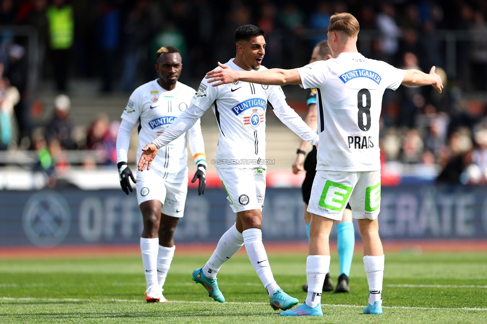 Wolfsberg - Sturm Graz
Oesterreichische Fussball Bundesliga, 25 Runde, Wolfsberger AC - SK Sturm Graz, Lavanttal Arena Wolfsberg, 03.04.2022. 

Foto zeigt Manprit Sarkaria (Sturm) und Alexander Prass (Sturm)
Schlüsselwörter: torjubel