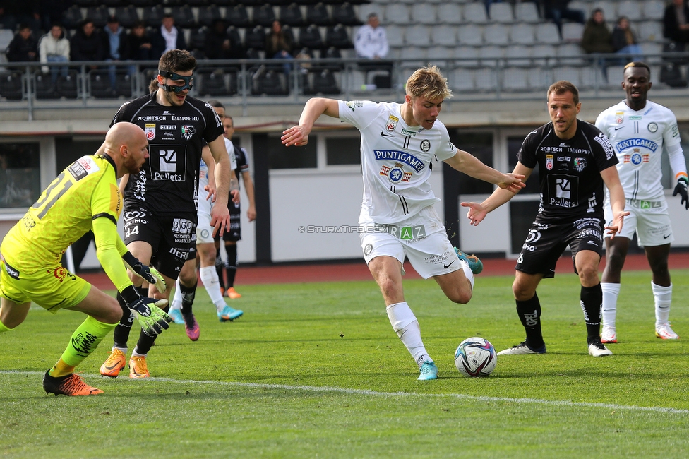 Wolfsberg - Sturm Graz
Oesterreichische Fussball Bundesliga, 25 Runde, Wolfsberger AC - SK Sturm Graz, Lavanttal Arena Wolfsberg, 03.04.2022. 

Foto zeigt Rasmus Hoejlund (Sturm)
Schlüsselwörter: tor