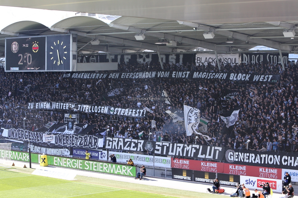 Sturm Graz - Rapid Wien
Oesterreichische Fussball Bundesliga, 27. Runde, SK Sturm Graz - SK Rapid Wien, Stadion Liebenau Graz, 17.04.2022. 

Foto zeigt Fans von Sturm mit einem Spruchband
