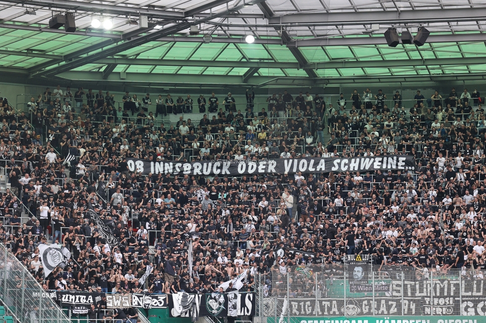 Rapid Wien - Sturm Graz
Oesterreichische Fussball Bundesliga, 28. Runde, SK Rapid Wien - SK Sturm Graz, Weststadion Wien, 24.04.2022. 

Foto zeigt Fans von Sturm mit einem Spruchband
