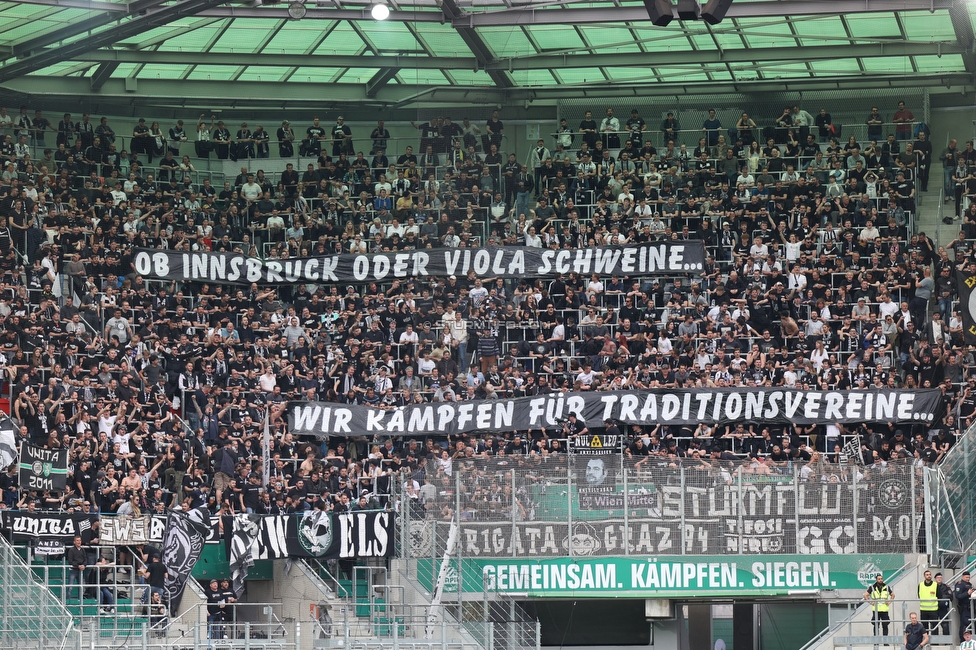 Rapid Wien - Sturm Graz
Oesterreichische Fussball Bundesliga, 28. Runde, SK Rapid Wien - SK Sturm Graz, Weststadion Wien, 24.04.2022. 

Foto zeigt Fans von Sturm mit einem Spruchband
