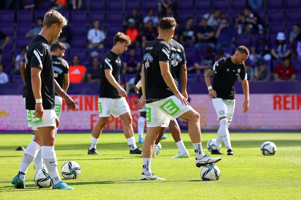 Austria Wien - Sturm Graz
Oesterreichische Fussball Bundesliga, 32 Runde, FK Austria Wien - SK Sturm Graz, Franz Horr Stadion Wien, 21.05.2022. 

Foto zeigt Rasmus Hoejlund (Sturm) und Jakob Jantscher (Sturm)
