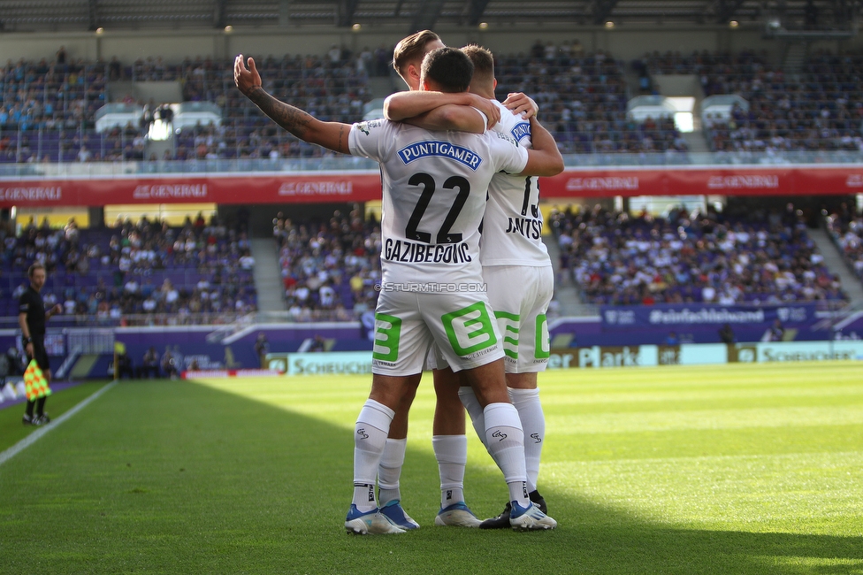 Austria Wien - Sturm Graz
Oesterreichische Fussball Bundesliga, 32 Runde, FK Austria Wien - SK Sturm Graz, Franz Horr Stadion Wien, 21.05.2022. 

Foto zeigt Jusuf Gazibegovic (Sturm) und Jakob Jantscher (Sturm)
Schlüsselwörter: torjubel