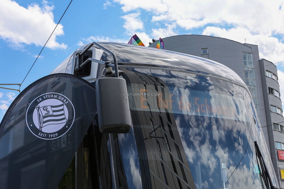 Sturm Strassenbahn
SK Sturm Graz Abo Vorverkauf, Praesentation Sturm Strassenbahn, Stadion Liebenau Graz, 01.06.2022.

Foto zeigt die Sturm Strassenbahn
