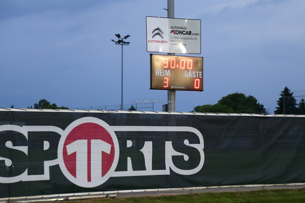 Sturm II - Hertha
Regionalliga Mitte, 33. Runde,  SK Sturm Graz II - WSC Hertha, Trainingszentrum Messendorf, 03.06.2022. 

Foto zeigt die Anzeigetafel
