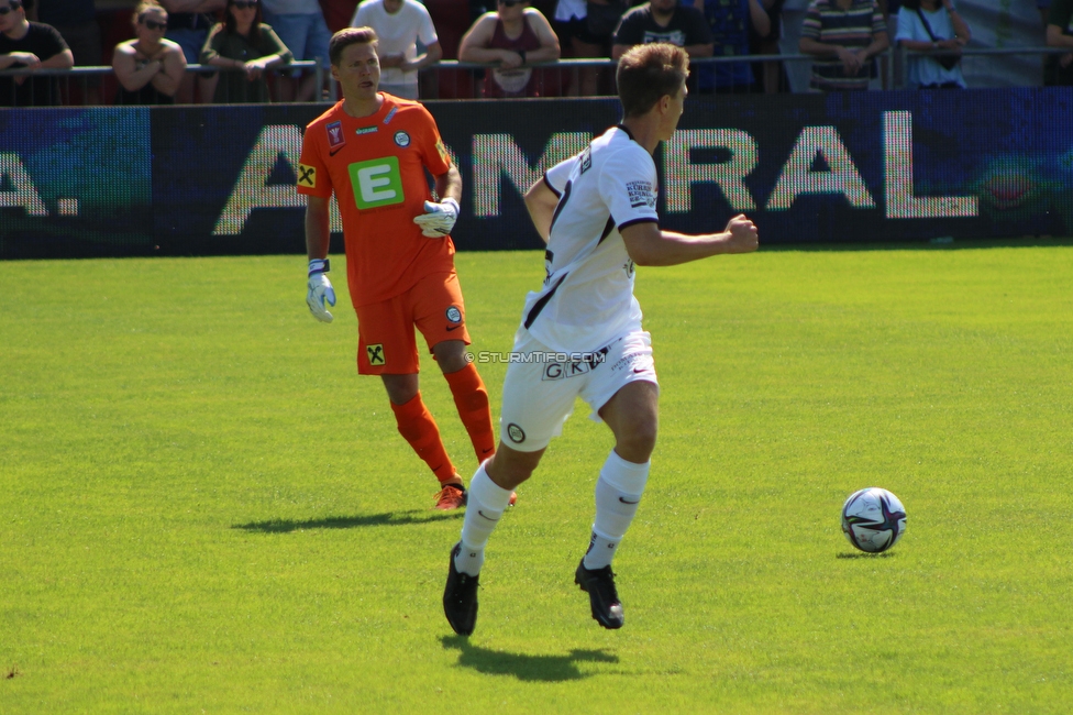 Roethis - Sturm Graz
OEFB Cup, 1. Runde, SC Roethis - SK Sturm Graz, Sportplatz an der Ratz, 16.07.2022. 

Foto zeigt Joerg Siebenhandl (Sturm) und David Affengruber (Sturm)
