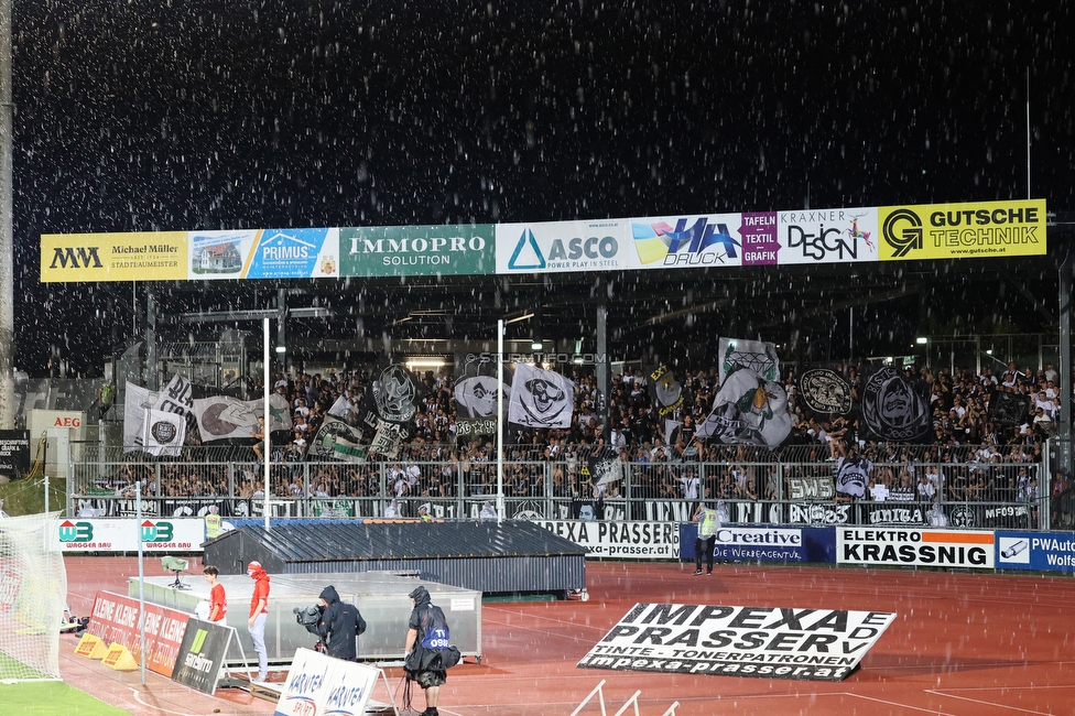 Wolfsberg - Sturm Graz
Oesterreichische Fussball Bundesliga, 1. Runde, Wolfsberger AC - SK Sturm Graz, Lavanttal Arena Wolfsberg, 23.07.2022. 

Foto zeigt Fans von Sturm
Schlüsselwörter: wetter