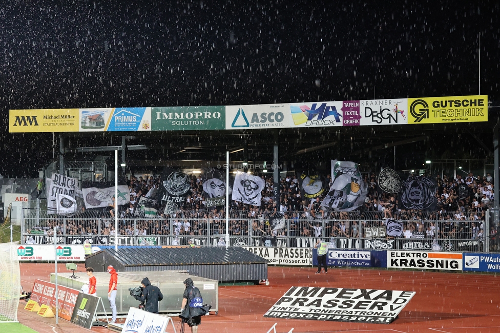 Wolfsberg - Sturm Graz
Oesterreichische Fussball Bundesliga, 1. Runde, Wolfsberger AC - SK Sturm Graz, Lavanttal Arena Wolfsberg, 23.07.2022. 

Foto zeigt Fans von Sturm
Schlüsselwörter: wetter