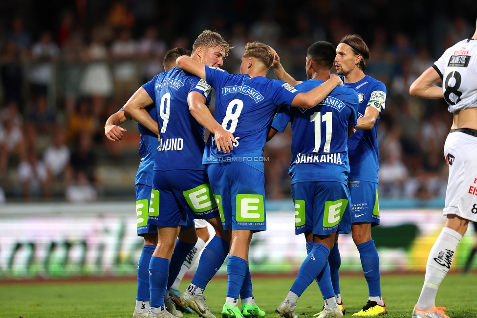 Wolfsberg - Sturm Graz
Oesterreichische Fussball Bundesliga, 1. Runde, Wolfsberger AC - SK Sturm Graz, Lavanttal Arena Wolfsberg, 23.07.2022. 

Foto zeigt Rasmus Hoejlund (Sturm), Alexander Prass (Sturm) und Manprit Sarkaria (Sturm)
Schlüsselwörter: torjubel