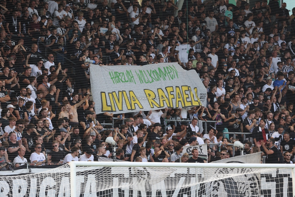 Sturm Graz - RB Salzburg
Oesterreichische Fussball Bundesliga, 2. Runde, SK Sturm Graz - FC RB Salzburg, Stadion Liebenau Graz, 30.07.2022. 

Foto zeigt Fans von Sturm mit einem Spruchband
Schlüsselwörter: baby sturmflut