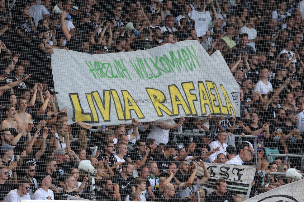 Sturm Graz - RB Salzburg
Oesterreichische Fussball Bundesliga, 2. Runde, SK Sturm Graz - FC RB Salzburg, Stadion Liebenau Graz, 30.07.2022. 

Foto zeigt Fans von Sturm mit einem Spruchband
Schlüsselwörter: baby sturmflut