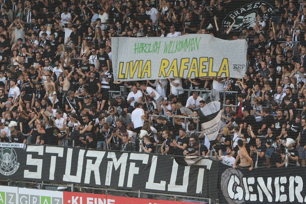 Sturm Graz - RB Salzburg
Oesterreichische Fussball Bundesliga, 2. Runde, SK Sturm Graz - FC RB Salzburg, Stadion Liebenau Graz, 30.07.2022. 

Foto zeigt Fans von Sturm mit einem Spruchband
Schlüsselwörter: baby sturmflut